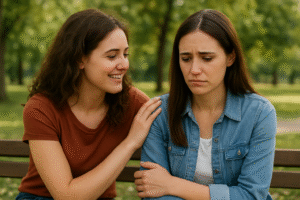Friend offering comfort and support to a sad friend on a park bench.